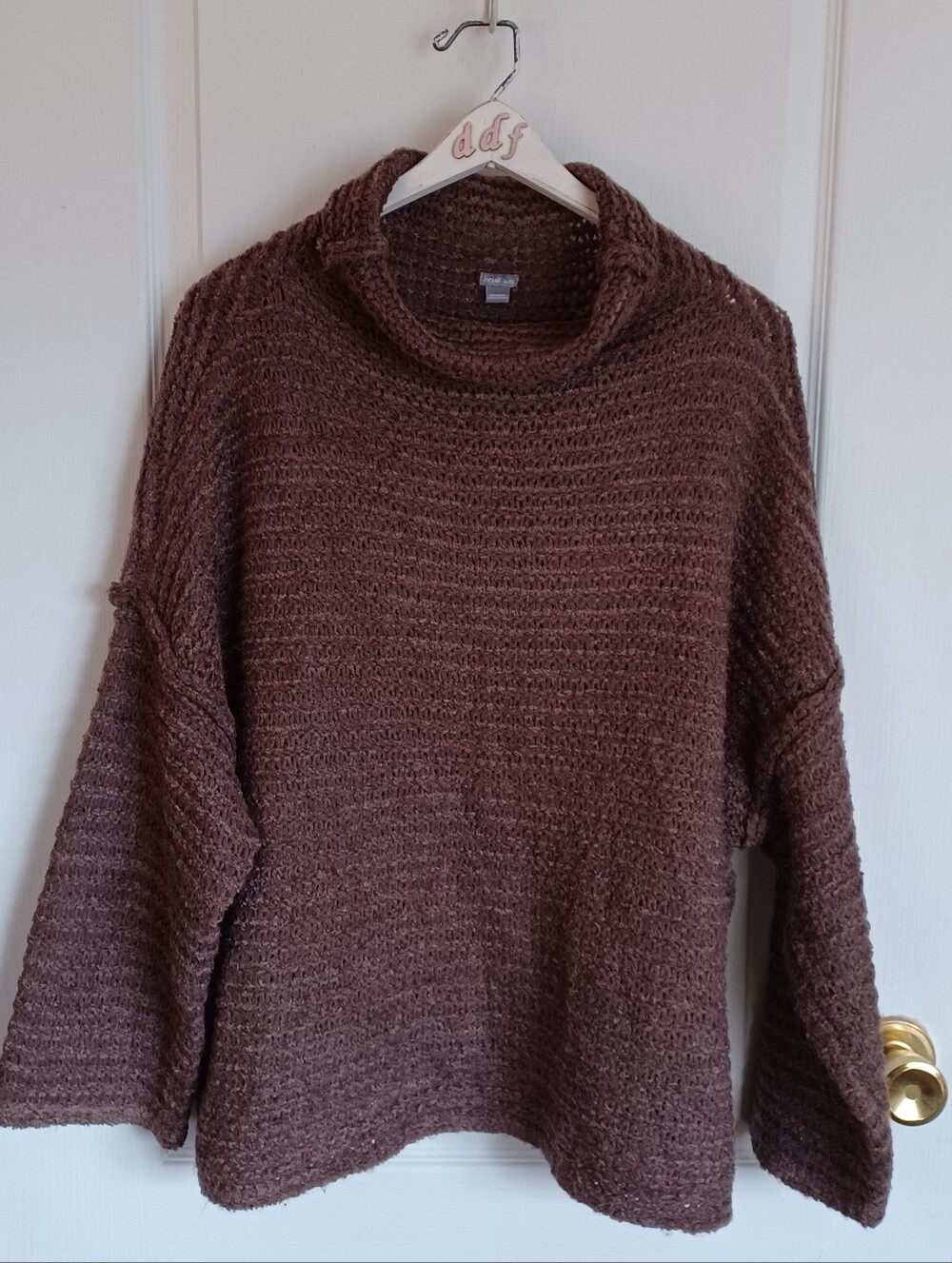 AERIE CROPPED COWL NECK DROP SHOULDER CHUNKY-KNIT OVERSIZED SWEATER BROWN XL